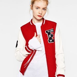 Leather sleeved Letterman Bomber